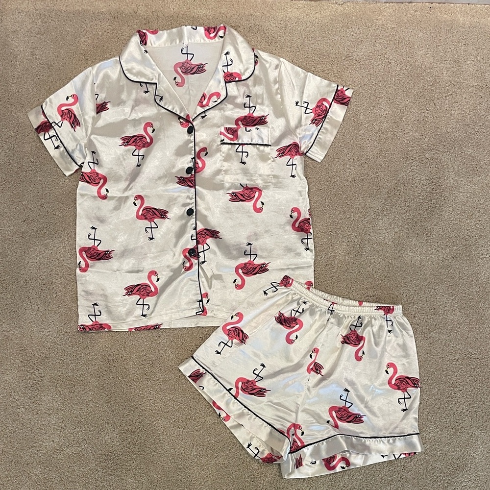 Satin 2-piece pajama short set, beige with pink flamingos, size XS